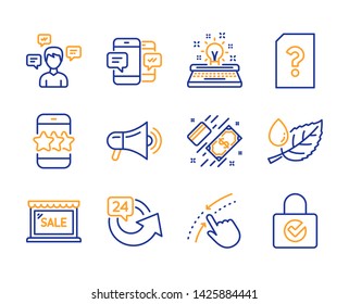 Typewriter, Smartphone sms and Leaf dew icons simple set. Star, Sale and Megaphone signs. Swipe up, 24 hours and Conversation messages symbols. Payment, Unknown file and Password encryption. Vector