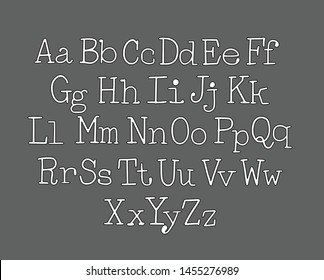 Typewriter style font. Hand-drawn doodly slim lowercase and uppercase letters alphabet. White with black stroke