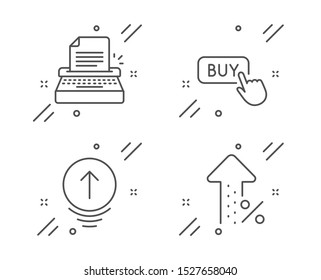 Typewriter, Swipe up and Buy button line icons set. Increasing percent sign. Writer machine, Scrolling page, Online shopping. Discount. Technology set. Line typewriter outline icon. Vector