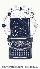 Typewriter tattoo. Symbol of imagination, literature, philosophy, psychology, imagination. Antique typewriter with paper prints Universe, surreal t-shirt design 