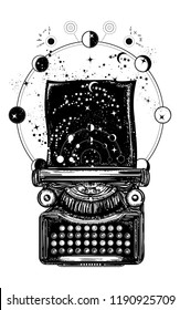 Typewriter tattoo and t-shirt design. Symbol of imagination, literature, philosophy, psychology, imagination. Antique typewriter with paper prints Universe, surreal art 