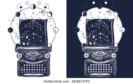 Typewriter tattoo and t-shirt design. Symbol of imagination, literature, philosophy, psychology, imagination. Black and white vector graphics 