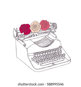 Typewriter and three roses. Hand drawn vector illustration.