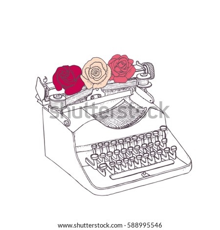 Typewriter and three roses. Hand drawn vector illustration.