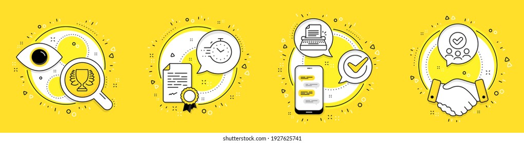 Typewriter, Timer and Winner line icons set. Licence, cell phone and deal vector icons. Approved group sign. Writer machine, Deadline management, Sports achievement. Teamwork. Education set. Vector