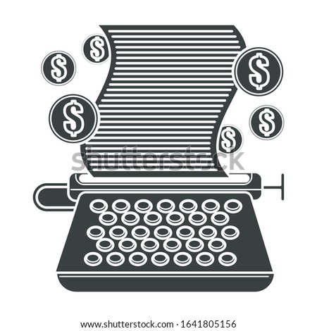 Typewriter, typing machine, paper with text and dollar coins. Freelance writing, write for money, creative job, publishing or copywriting. Black graphic vector illustration on white background.