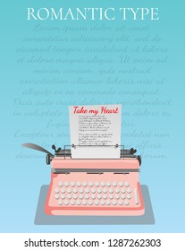 Typewriter for Valentine's day. Flat design for flyer, card, invitation, poster, banner. Vector illustration