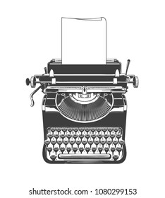 Typewriter. Vintage Type Writer Machine With Paper Old Style Vector Sketch Drawing