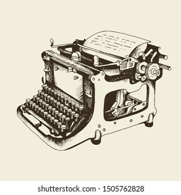 Typewriter vintage vector illustration, hand drawn sketch in engraving style isolated on beige background