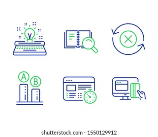 Typewriter, Web timer and Ab testing line icons set. Reject refresh, Search book and Online payment signs. Inspiration, Online test, Test chart. Update rejection. Technology set. Vector