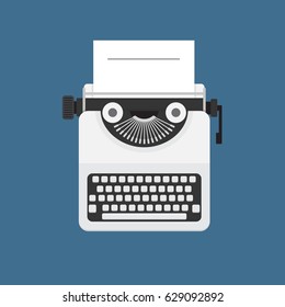 Typewriter and White Paper Illustration. Flat Typewriter and White Paper Vector