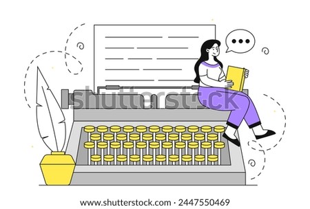 Typewriter woman simple. Young girl sitting at typowerting machine. Talented author and copywriter. Freelancer and remote employee create interesting content. Linear flat vector illustration