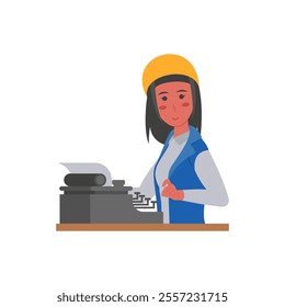 Typewriter, Women Career Flat Vector Illustration