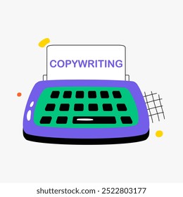 Typewriter with the word copywriting symbolizing content creation, marketing strategy, and communication. Flat vector illustration for writing, advertising, and digital marketing themes.