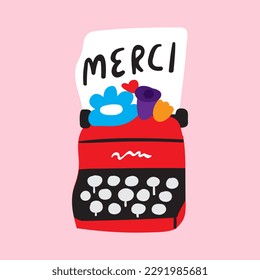 Typewriter with word - Merci. Vector illustration on pink background.