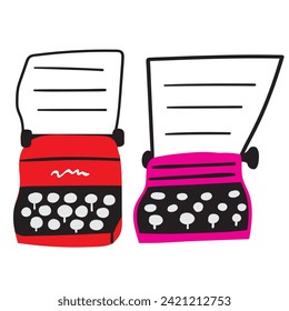 Typewriters. Hand drawn icons. Vector illustration on white background.
