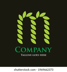 Typhography of letter M leaf shaped for initial logo or brand identity.
