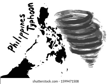 Typhoon Fanfon in Philippines.Map of philippines. View from above. Hand drawn vector illustration for news.Disaster scary wind flood,destruction,death of people. Clouds funnel on map near Philippines.