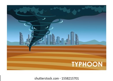 Typhoon on cityscape background flat illustration. Natural disaster, catastrophe, cataclysm threat concept. Tornado in desert. Dangerous phenomenon. Educational poster, social banner idea