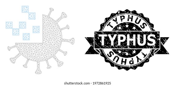 Typhus corroded stamp seal and vector synthetic virus mesh model. Black stamp includes Typhus text inside ribbon and rosette. Abstract 2d mesh synthetic virus, designed with flat mesh.