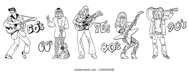 Typical 20th century guitarists. Music styles history: 50s rock'n'roll, 60s hippie, 70s progressive rock, 80s glam metal, 90s grunge. Hand drawn sketchy illustration. Line art isolated black on white.