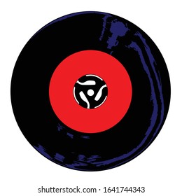 A typical 45 rpm vinyl record with a red blank labell over a white background