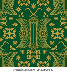 Typical Acehnese batik. Traditional art patterns from the province of Aceh, Indonesia, with a dark green background and gold ornaments svg