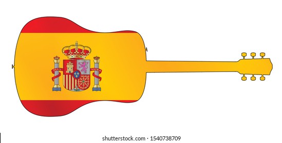 A typical acoustic guitar silhouette isolated over a white background with a Spanish flag