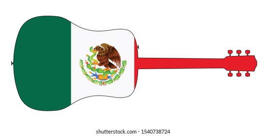 A typical acoustic guitar silhouette isolated over a white background with a Mexico flag