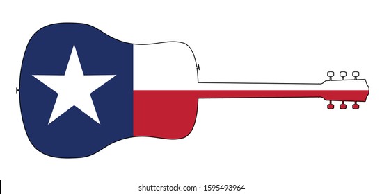 A typical acoustic guitar silhouette outline isolated over a white background with a Texan flag