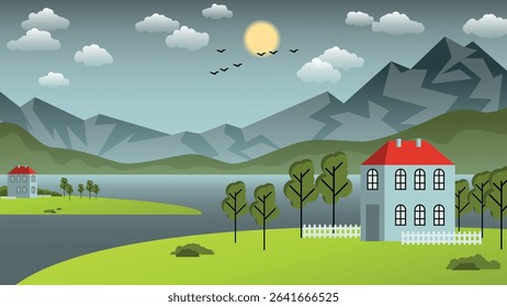 Typical alpine village landscape. Cute houses with garden trees, a fence on the banks of a swaying river against the backdrop of hills, mountains, sky with sun, clouds, flying birds. Vector.