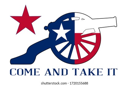 Typical American civil war cannon gun with Texas flag isolated on a white background with the text Come and Take It