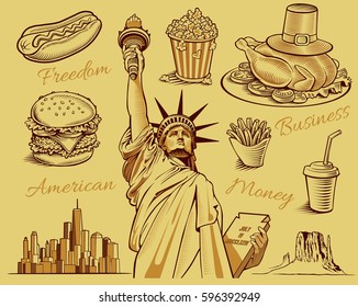 typical american food, statue of liberty, manhattan skyline monument valley