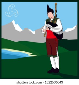 Typical Asturian bagpiper, Spain. Illustration