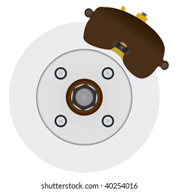 Typical automotive disc brake including rotor, caliper, and several miscellaneous parts. Similar to a common US based front wheel drive design, but not patterned after any specific real system.