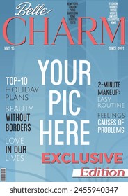 Typical Beauty and Fashion Magazine Cover Vector Template, Headlines and Titles, Gradient Color Background