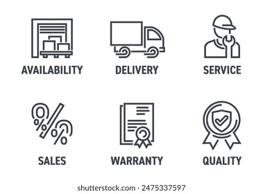 Typical benefits of online store or any company icons set - Availability, Delivery, Service, Sales, Warranty and Quality. Pictograms in bold line