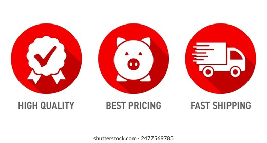 Typical benefits of online store circular icons set - Best Pricing, Fast Shipping, High Quality. Pictograms in bold line
