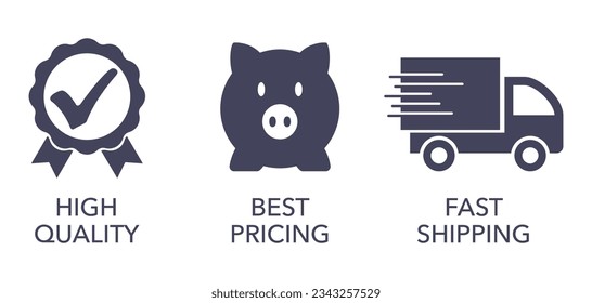 Typical benefits of online store icons set - Best Pricing, Fast Shipping, High Quality. Flat pictograms