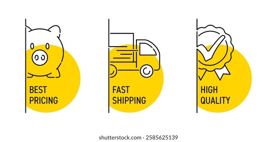 Typical benefits of online store icons set - Best Pricing, Fast Shipping, High Quality. Pictograms in thin line in semicircular shapes