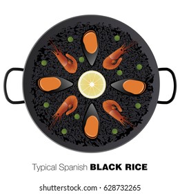 Typical black Spanish rice. Traditional paella made with rice and squid ink. Vector Illustration