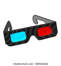 Typical blue and red stereoscopic, 3d glasses in black plastic frame, sketch style vector illustration isolated on white background. Hand drawn 3d stereoscopic glasses, cinema object