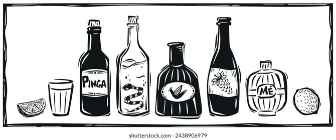 Typical Brazilian drinks. Drip, wine, caipirinha, burning water. Drawn in the northeastern cordel woodcut style.