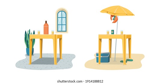 Typical Brazilian summer scenery. Outdoor bar with american glasses and beer bottle, on the sidewalk, featuring an urban style. Bar on the beach, plastic table, beach umbrella, sunglasses and cooler.