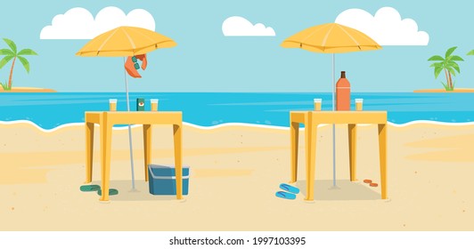 Escenario típico brasileño de verano. Bar al aire libre con gafas americanas y botella de cerveza, bar en la playa, mesa de plástico, paraguas de playa, gafas de sol y enfriador. Copo americano, boteco, havaianas, Brasil.