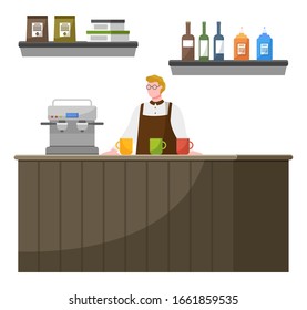 Typical cafe interior, workplace of barista. Furniture for coffeehouse like stance with coffee machine and shelves with products. Man at work serves customers. Vector illustration in flat style