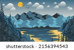 Typical Canadian natural landscape. A lake among the cliffs with coniferous trees against the backdrop of the forest, hills, mountains, sky with the sun, clouds, flying birds. Vector.