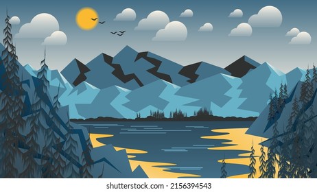 Típico paisaje natural canadiense. Un lago entre los acantilados con árboles de coníferas en el fondo del bosque, colinas, montañas, cielo con el sol, nubes, pájaros voladores. Vector.