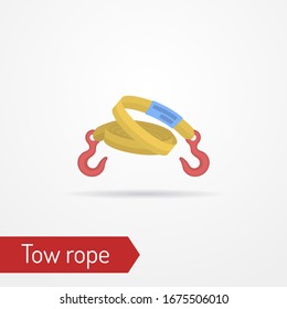 Typical car tow rope with hooks. Modern isolated icon in flat style. Part of vehicle emergency kit. Vector stock image.