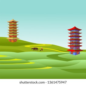 Typical chinese landscape, farm fields, terraces, farmer with bull, pagoda, vector